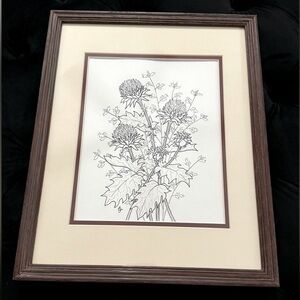 Vintage Framed Botanical Ink Pen Illustration Milk Thistle & Leaves MCM Unique